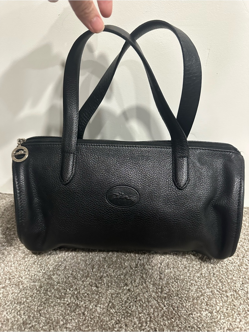 Vintage Longchamp Black Pebbled Leather Bowling Bag Handbag Paris Purse